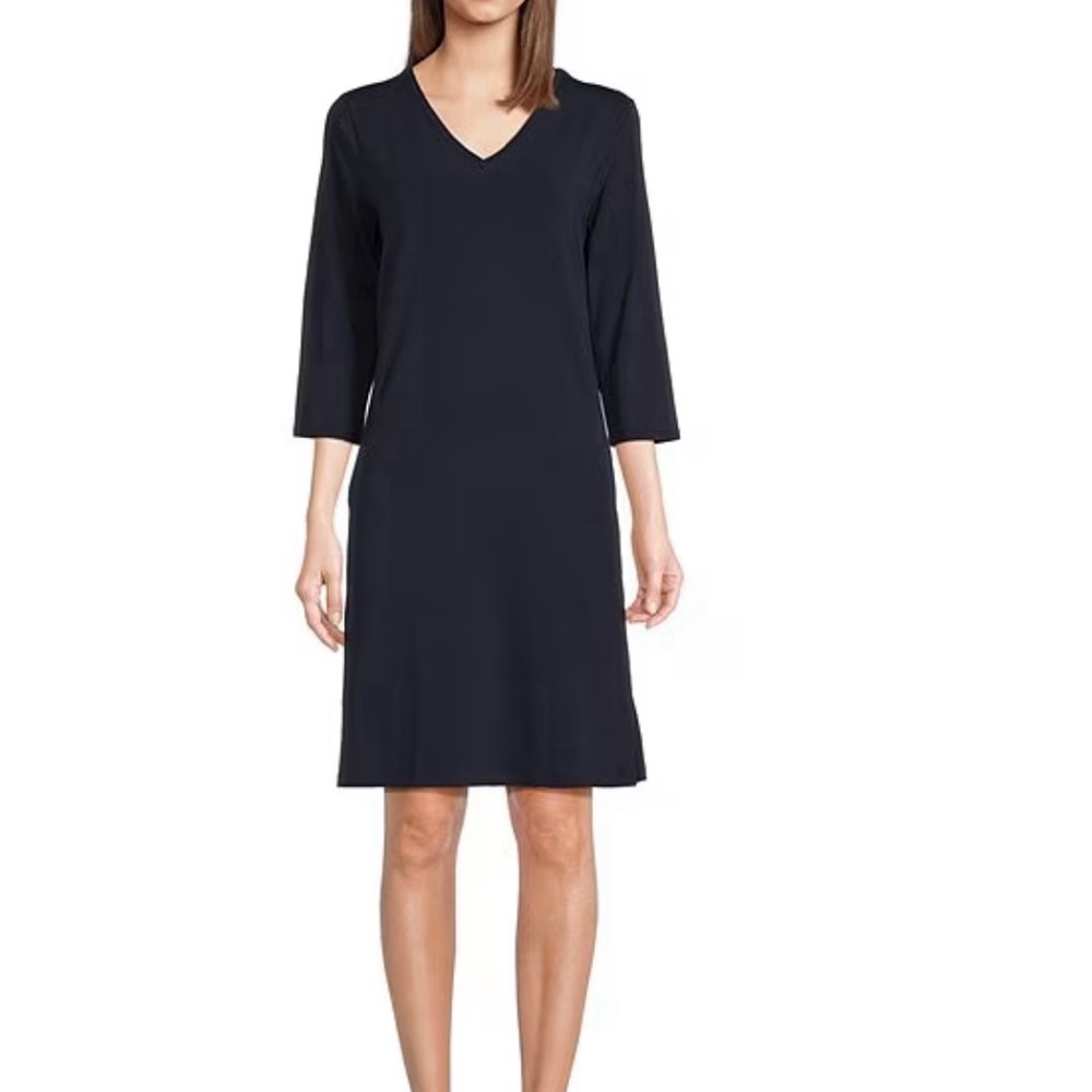 NWT Eileen Fisher Stretch V-Neck 3/4 Sleeve Waistless Dress | PS | Midni…